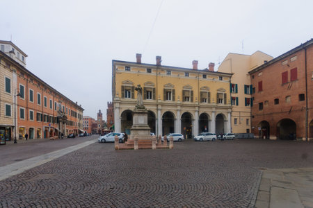 FERRARA, ITALY - JAN 20, 2015: Scene of the Piazza Savonarola with local and tourists, in Ferrara, Emilia-Romagna, Italyのeditorial素材