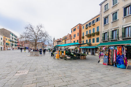 VENICE, ITALY - FEB 04, 2015: Scene of Santa Margherita square, with local and tourists, in Venice, Veneto, Italyのeditorial素材
