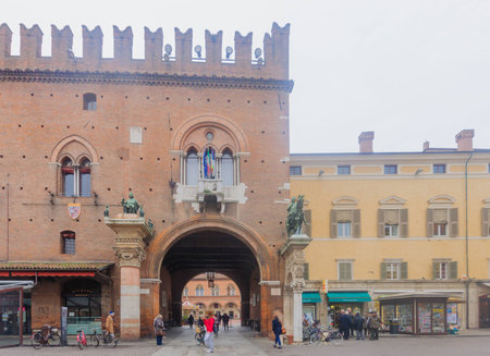 FERRARA, ITALY - JAN 20, 2015: Scene of the Piazza Della Cattedrale (Cathedral square) with local and tourists, in Ferrara, Emilia-Romagna, Italyのeditorial素材