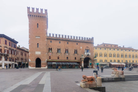 FERRARA, ITALY - JAN 20, 2015: Scene of the Piazza Della Cattedrale (Cathedral square) with local and tourists, in Ferrara, Emilia-Romagna, Italyのeditorial素材