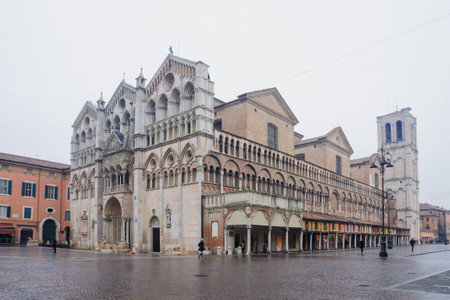 FERRARA, ITALY - JAN 20, 2015: Scene of the Ferrara Cathedral (Basilica Cattedrale di San Giorgio, Duomo di Ferrara), with local and tourists, in Ferrara, Emilia-Romagna, Italyのeditorial素材