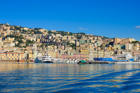 View of the port and the city, in Genoa, Liguria, Italyの写真素材