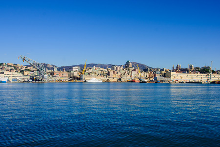 View of the city of Genoa from the sea, in Liguria, Italyの写真素材