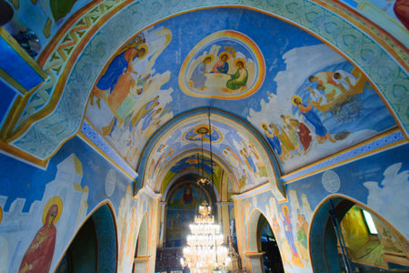 NAZARETH, ISRAEL - APR 05, 2015: The decorated ceiling of the Greek Orthodox church of Annunciation,...