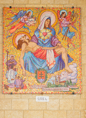 NAZARETH, ISRAEL - APR 05, 2015: A Mosaic donated by the people of Slovakia, part of a display of donations of many nations, in the Church of Annunciation, in Nazareth, Israelのeditorial素材