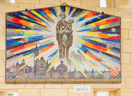 NAZARETH, ISRAEL - APR 05, 2015: A Mosaic donated by the people of Croatia, part of a display of donations of many nations, in the Church of Annunciation, in Nazareth, Israelのeditorial素材