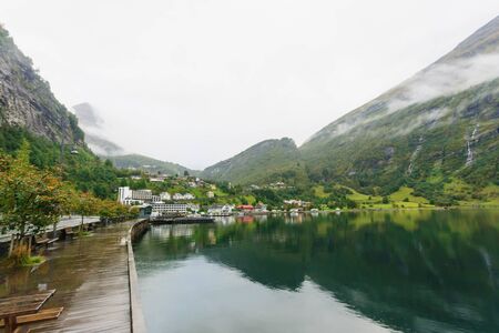 View of Geiranger fjord village Norwayの写真素材