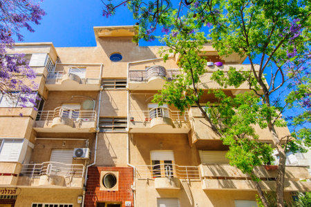 TEL AVIV ISRAEL  MAY 15 2015: A Bauhaus style house in Tel Aviv Israel. The white city of Tel Aviv is a UNESCO a World Cultural Heritage siteのeditorial素材