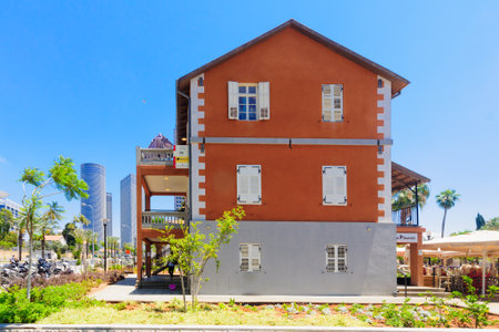 TEL AVIV ISRAEL  MAY 15 2015: Scene of the Sarona compound with visitors in Tel Aviv Israel. Its a renewed Templar settlement turn into leisure and shopping complex.のeditorial素材
