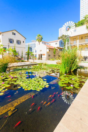 TEL AVIV ISRAEL  MAY 15 2015: Scene of the Sarona compound with visitors in Tel Aviv Israel. Its a renewed Templar settlement turn into leisure and shopping complex.のeditorial素材