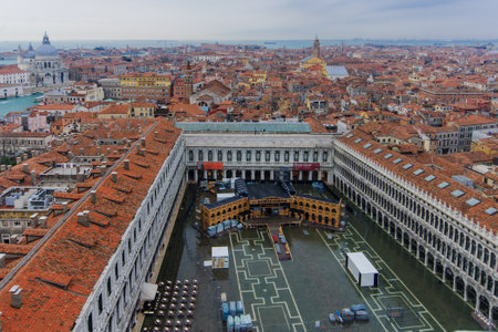The flooded Piazza San Marco and Venice roofs, in Venice, Veneto, Italyのeditorial素材