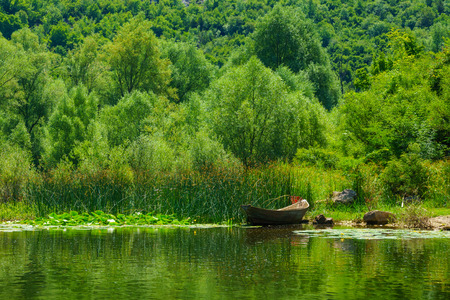 A wooden boat in the Rijeka Crnojevica River, in the northern area of Skadar Lake National Park. Montenegroの写真素材