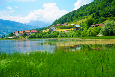 View of Plav Lake and nearby countryside, Montenegroの写真素材
