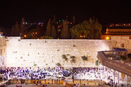 JERUSALEM, ISRAEL - SEPTEMBER 21, 2015: Scene of the western wall crowded with Selichot Jewish...