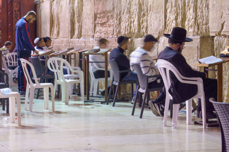 JERUSALEM, ISRAEL - SEPTEMBER 21, 2015: Jewish men pray Selichot Jewish penitential prays in the...