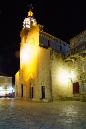 Night Scene of St Mark Cathedral, in the old town of Korcula, Croatiaのeditorial素材