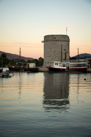 Sunset in the port of Mali Ston, in Dalmatia, Croatiaのeditorial素材