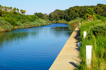 HADERA, ISRAEL - SEPTEMBER 27, 2015: View of Hadera River Nahal Hadera Park, with local fishermen, Northern Israelのeditorial素材