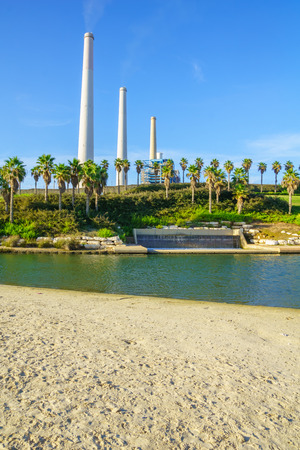 View of Hadera River Nahal Hadera Park, the Power Station, and cooling water discharge. Northern Israelの写真素材