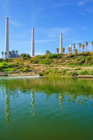 View of Hadera River Nahal Hadera Park and the Power Station, Northern Israelの写真素材