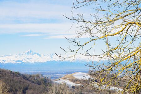 Italian countryside of fields and vineyards in the winter. The Langhe area, Piedmont Piemonte, Italyの写真素材
