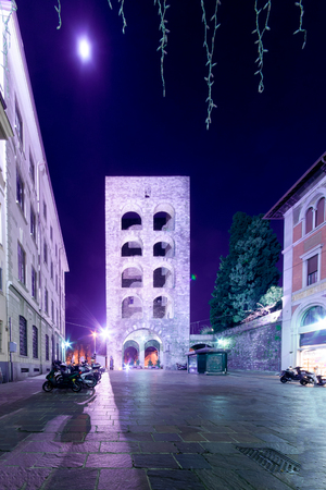 The old gate and tower of Porta Torre, in Como, Lombardy, Italyの写真素材