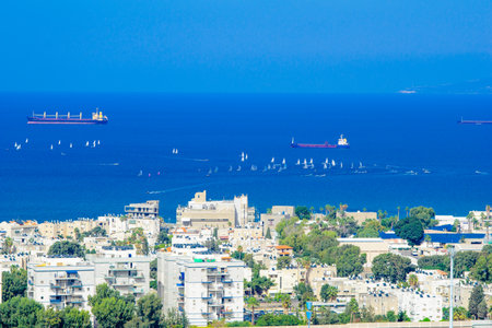 HAIFA, ISRAEL - OCTOBER 13, 2015: Sails boat take part in the 2015 International 470 World Championship, in Haifa, Israelのeditorial素材