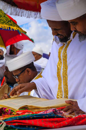 JERUSALEM, ISRAEL - NOVEMBER 11, 2015: Religious leaders Kessim of the Ethiopian Jewry read from a...