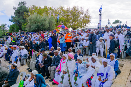 JERUSALEM, ISRAEL - NOVEMBER 11, 2015: A crowd of Ethiopian Jews attend the Sigd, in Jerusalem, Israel. The Sigd is an annual holiday of the Ethiopian Jewryのeditorial素材