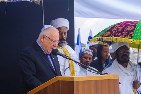 JERUSALEM, ISRAEL - NOVEMBER 11, 2015: President Reuven Rubi Rivlin speaks at the Sigd, in Jerusalem, Israel. The Sigd is an annual holiday of the Ethiopian Jewryのeditorial素材