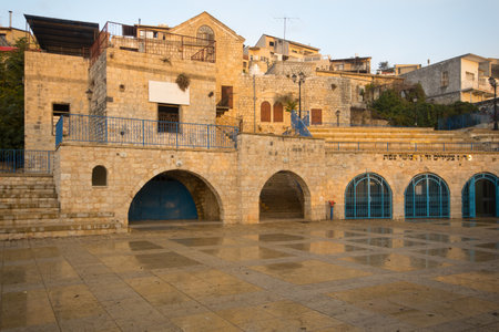 SAFED, ISRAEL - NOVEMBER 17, 2015: Sunset scene in the artist quarter, with local galleries and other businesses, in Safed Tzfat, Israelのeditorial素材