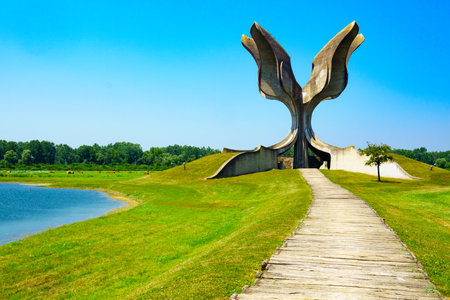 JASENOVAC, CROATIA - JULY 07, 2015: The Stone Flower memorial monument to the victims of Ustasha during World War II in Jasenovac, Croatiaのeditorial素材