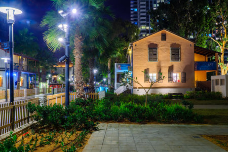 TEL AVIV, ISRAEL - JANUARY 14, 2016: Night scene of the Sarona compound, in Tel Aviv, Israel. Its a renewed Templar settlement, turn into leisure and shopping complex.のeditorial素材
