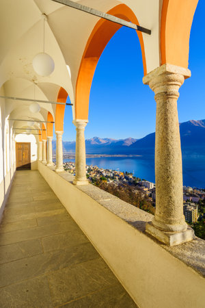 LOCARNO, SWITZERLAND - DECEMBER 28, 2015: View of the Locarno and Lake Maggiore from the Madonna del Sasso church, in Locarno, Ticino, Switzerlandのeditorial素材