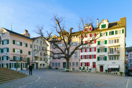ZURICH, SWITZERLAND - DECEMBER 25, 2015: Scene of St. Peterhofstatt square, with locals and visitors, in Zurich, Switzerlandのeditorial素材