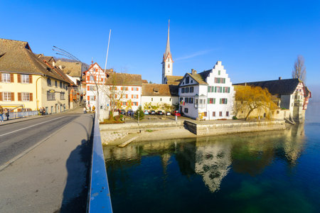 STEIN AM RHEIN, SWITZERLAND - DECEMBER 26, 2015: View of the village and the Rhine River, with...