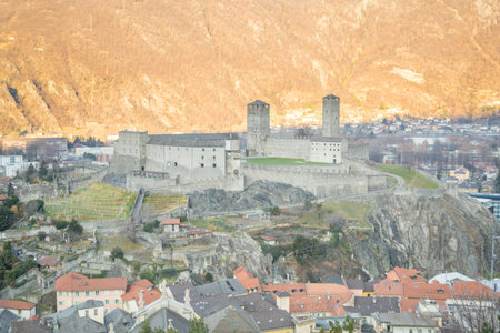 View of the Castelgrande castle, in Bellinzona, Ticino, Switzerlandのeditorial素材