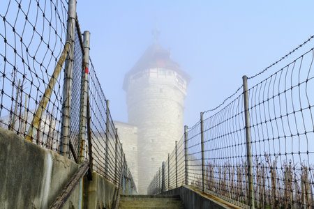 View of the Munot in a foggy winter day, in Schaffhausen, Switzerlandのeditorial素材