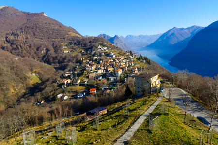 View of the village of Bre, on top of Monte Bre. Ticino, Switzerlandの写真素材
