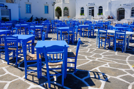 NAOUSA, GREECE - OCTOBER 01, 2011: Typical restaurants and cafe, with visitors, in Naousa, Paros Island, Greeceのeditorial素材
