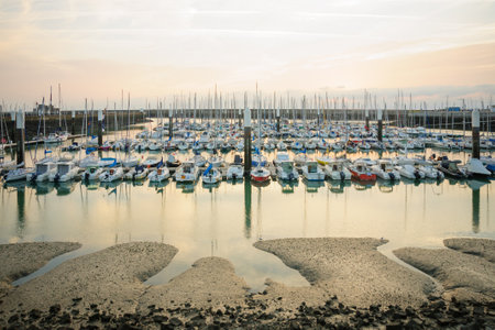 LE HAVRE, FRANCE - SEPTEMBER 16, 2012: Sunset view of the marina, in Le Havre, Normandy, Franceのeditorial素材