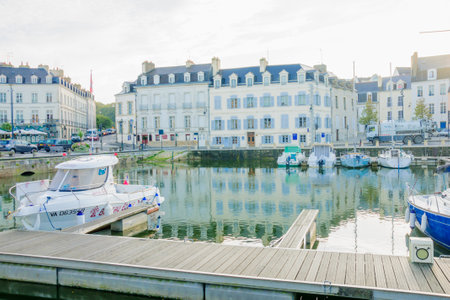 VANNES, FRANCE - OCTOBER 02, 2012: View of the port of Vannes, with local businesses, Brittany, Franceのeditorial素材