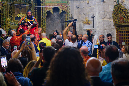 JERUSALEM, ISRAEL - APR 28, 2016: Washing of the Feet ceremony, in the Syrian Orthodox St. Marks...