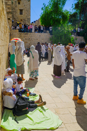 JERUSALEM, ISRAEL - APRIL 29, 2016: A crowd of Ethiopian Pilgrims gather in the Deir Es-Sultan, part...