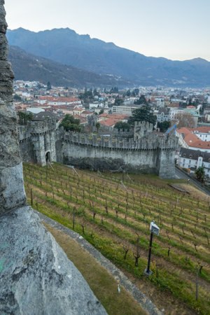 View of the Castelgrande castle walls and vineyards, and the city center, in Bellinzona, Ticino, Switzerlandのeditorial素材