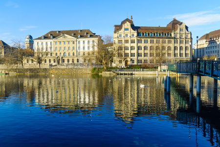 View of the west bank of the Limmat River,  In Zurich, Switzerlandの写真素材
