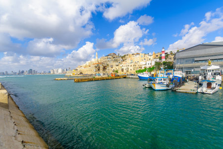 TEL-AVIV, ISRAEL - MAY 27, 2016: View of the Jaffa port and of the old city of Jaffa, with locals and visitors, now part of Tel-Aviv Yafo, Israelのeditorial素材