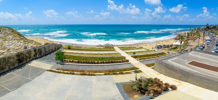 TEL-AVIV, ISRAEL - MAY 27, 2016: Panoramic view of Givat Aliyah beach and nearby area, with locals and visitors, in the southern part of Jaffa, Now part of Tel-Aviv Yafo, Israelのeditorial素材