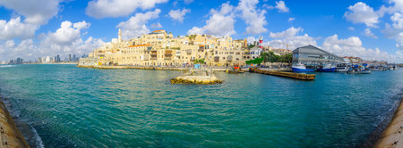 TEL-AVIV, ISRAEL - MAY 27, 2016: Panoramic view of the Jaffa port, the old city of Jaffa, and Tel-Aviv coastal skyline, with locals and visitors, now part of Tel-Aviv Yafo, Israelのeditorial素材