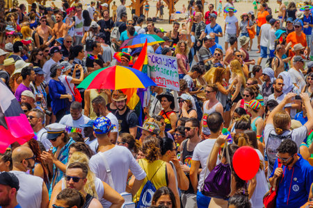 TEL-AVIV, ISRAEL - JUNE 03, 2016: A crowd of people march in the Pride Parade in the streets of Tel-Aviv, Israel. Its part of an annual event of the LGBT communityのeditorial素材